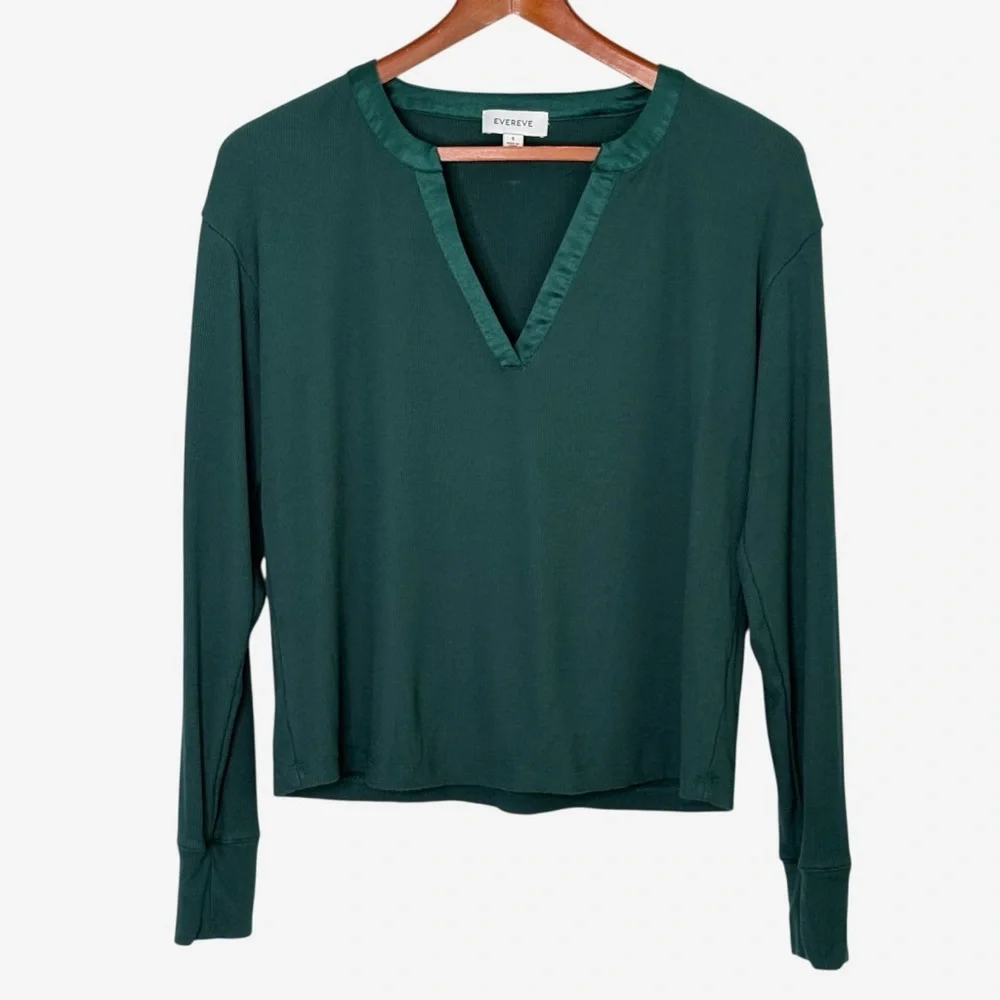 Evereve Bex Split Neck Top Size S Satin Trim Soft Rib Knit Green Modal Blend - Picture 6 of 13
